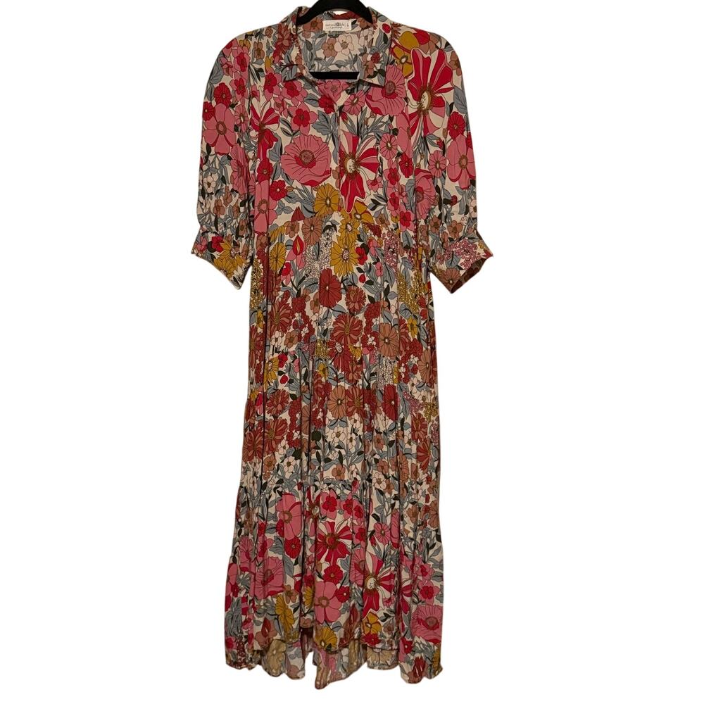 Natural Life Retro Floral Tiered Maxi Dress Large Boho 70s Cottagecore